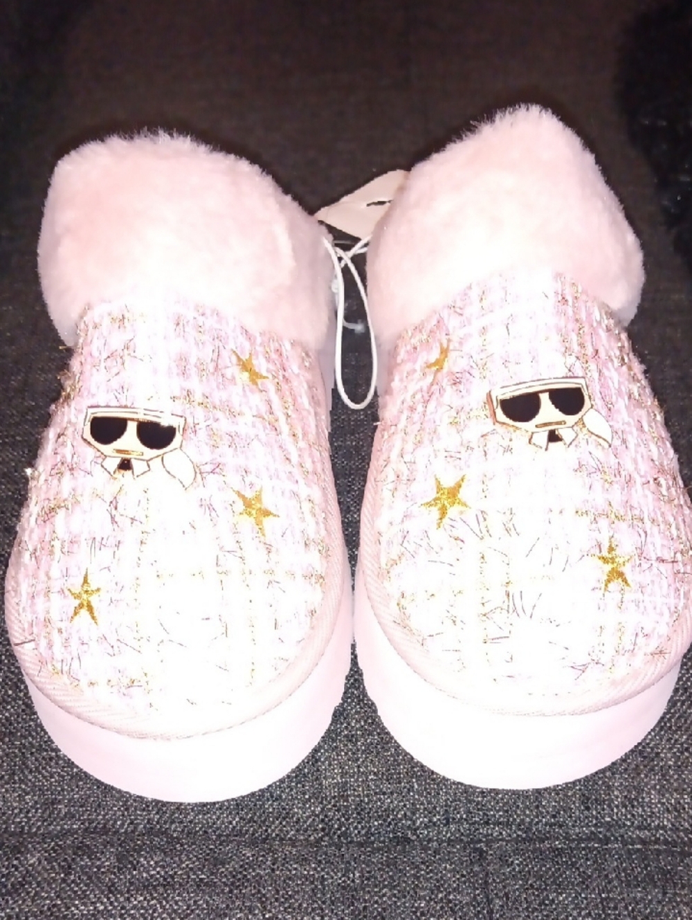 Karl Lagerfeld Hessa Tweed Pink Platform Slide with Gold  Accents